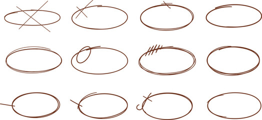 Collection of Hand-Drawn Oval Shapes with Various Scribble and Marking Effects, Isolated on a White Background