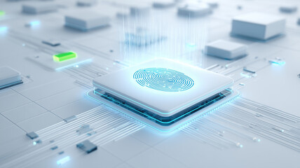 Futuristic fingerprint processor at the center of a circuit grid representing secure digital identity, biometric authentication and trusted access control in modern information systems.
