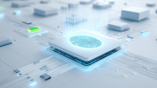 Futuristic fingerprint processor at the center of a circuit grid representing secure digital identity, biometric authentication and trusted access control in modern information systems.
