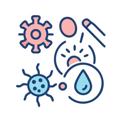 Stylized vector graphics representing medical research with cells, viruses, and other elements