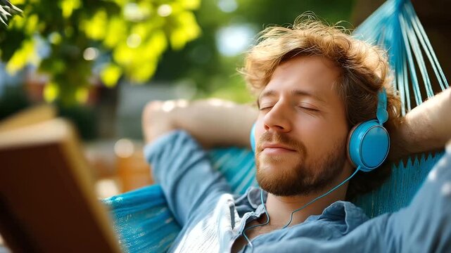 Man in headphones relaxing in hammock with e-reader, backyard greenery, weekend leisure, with copy space