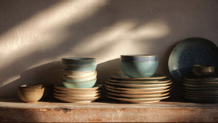 Artisan ceramic dishes in earthy and teal tones are stacked on a rustic wooden shelf, bathed in warm sunlight with striking shadows.