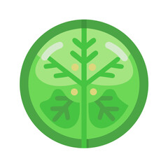 Stylized green plant emblem in a circle with leaves and small dots