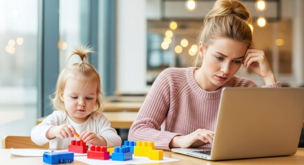  Juggling Act: A mother balances work and childcare, her focus divided between a laptop and a playful child, symbolizing modern challenges.