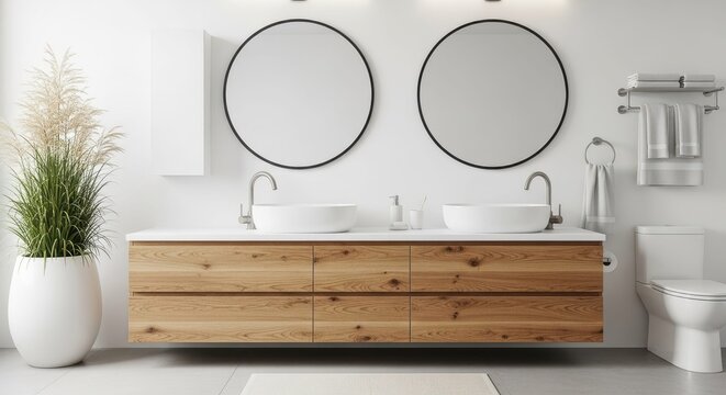 Modern Bathroom Serenity: A contemporary bathroom design, showcasing a minimalist aesthetic with clean lines, natural wood elements, and serene ambiance. 