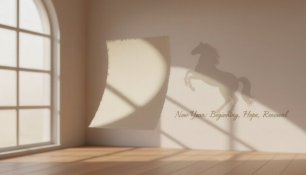 Shadow of a horse on a wall, inspirational mood, minimalistic interior, soft lighting, copy space
