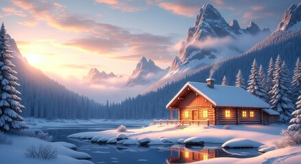 Serene Winter Cabin Amidst Mountains: A charming cabin nestled in a snowy landscape, overlooking a tranquil lake and majestic mountains, all bathed in the soft glow of a winter sunset.