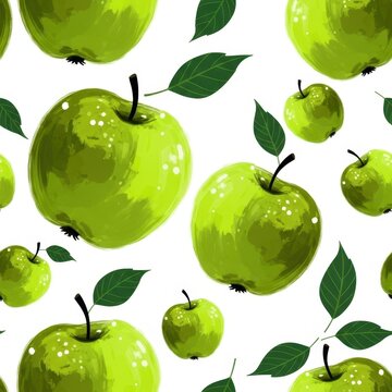 Green Apples seamless pattern: Fresh, ripe green apples and leaves form a vibrant seamless pattern. Perfect for depicting the delicious fruit.