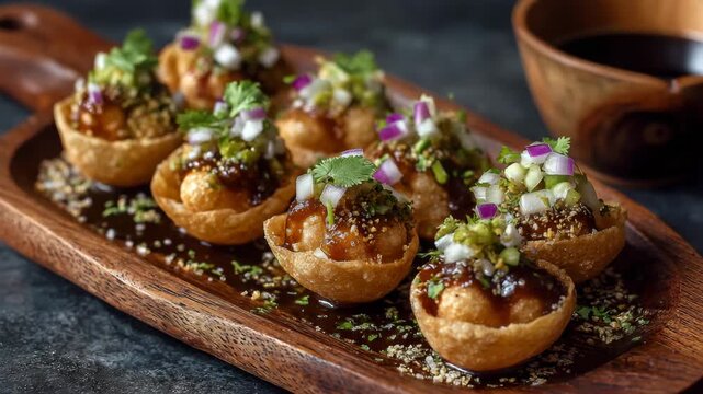 Indian street food pani puri in bowl