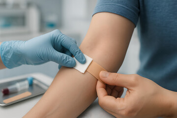 Photorealistic 3D blood test, medical technologist in disposable gloves performing venipuncture at antecubital fossa, tourniquet above elbow, needle and vacutainer at shallow angle into visible vein.