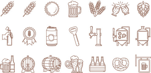 Line art icon set illustrating various elements of brewing, beer products, and pub culture