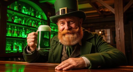 Saint Patrick's Day Celebration: A jovial figure, adorned in traditional attire, raises a pint of green beverage in a celebratory toast within an antique establishment.