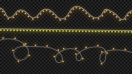 A set of realistic glowing yellow fairy lights, perfect for adding a festive touch to any design. Ideal for Christmas, holidays, parties, special events, and backgrounds.