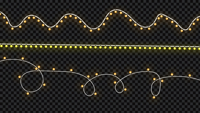 A set of realistic glowing yellow fairy lights, perfect for adding a festive touch to any design. Ideal for Christmas, holidays, parties, special events, and backgrounds.