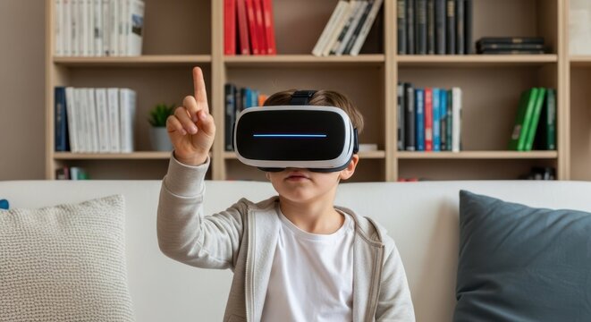 Virtual Reality Exploration: A young individual, immersed in a VR headset, experiences the wonder of virtual reality, while sitting on sofa