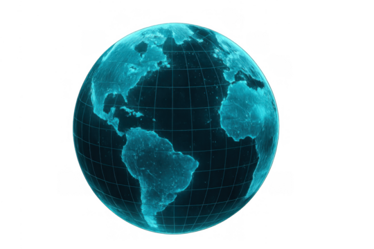 Digital globe overlaying world map, illustrating global network, connectivity and technology concepts