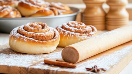 Warm Cinnamon Delights: Close-up of freshly baked cinnamon rolls, enticing with their golden-brown swirls and sweet, aromatic spice. The scene is completed with a dusting of powdered sugar.