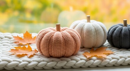 Autumnal Warmth: The cozy charm of autumn captured with a trio of decorative pumpkins resting on a soft, textured knit fabric, alongside fallen leaves, all framed by a warm, inviting view.