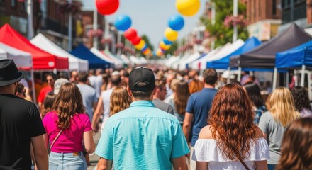 Festive Marketplace Crowd: A vibrant street scene comes alive with a bustling marketplace.