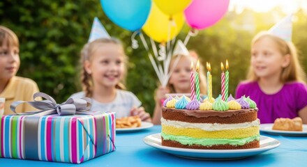 Joyful Birthday: A vibrant outdoor birthday party scene unfolds, with a colorful cake adorned with lit candles taking center stage amidst cheerful children and festive decorations.
