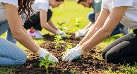 Community Planting: A group of volunteers works together to plant saplings in the soil, fostering a commitment to environmental care.