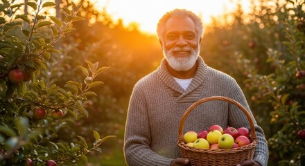Golden Harvest: A smiling senior man in orchard, carrying a basket of ripe apples, basking in the warmth of the sun, and the bounty of the harvest.