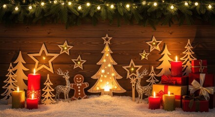 Warm christmas scene with candles, gifts, and festive decorations