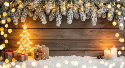 Cozy holiday setup with glowing tree, gifts, gingerbread, snow