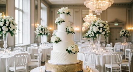 Elegant Wedding Cake and Venue: A stunning five-tiered wedding cake adorned with white roses takes center stage, placed amidst a beautifully decorated ballroom.