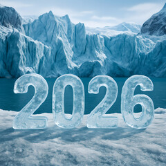 Ice Year 2026: Giant Frozen Numbers On Glacier Backdrop In A Cold Blue Winter Landscape