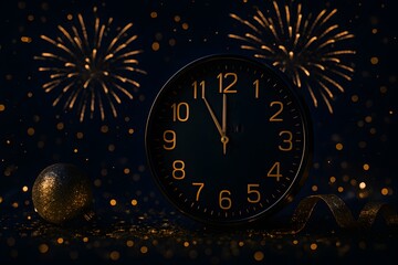 Golden Clock At Midnight With Fireworks And Festive Decorations For New Year Celebration