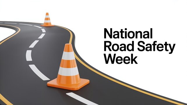 National Road Safety Week 3D Graphic Design with Winding Highway Road and Two Traffic Cones Isolated on White Background Illustration
