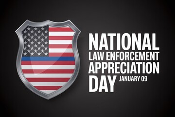 National Law Enforcement Appreciation Day January 9 Graphic with Police Badge Shield Featuring American Flag and Thin Blue Line Symbol