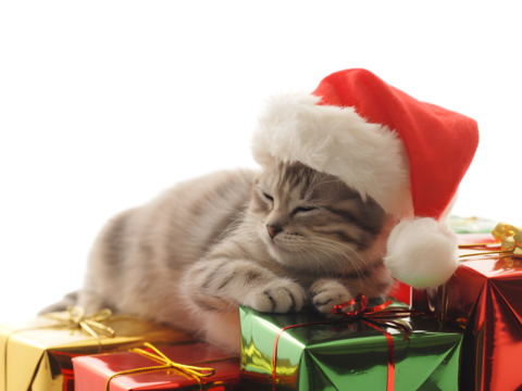 Adorable tabby kitten in a festive Santa hat, peacefully sleeping atop colorful Christmas presents. Perfect for holiday greetings, Xmas cards, and seasonal designs. Cute animal celebration. - Powered by Adobe