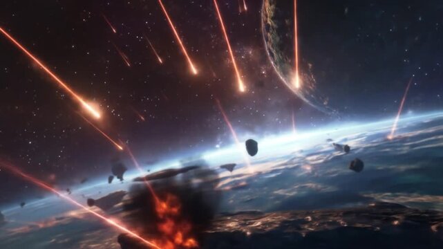 Apocalyptic meteor shower impacts a planet from space, causing widespread destruction and explosions, a global catastrophe concept.