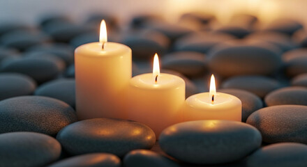 three glowing candles placed on smooth stones, zen composition, warm lighting