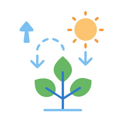 Graphic illustration of photosynthesis process with plant, sun and arrows on black background