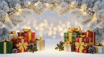 Festive christmas gifts under frosted pine branches and lights