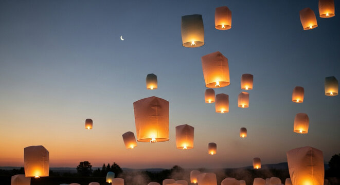 paper lanterns floating in evening sky, soft ambient light, serene spiritual mood