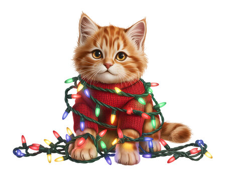 Adorable ginger kitten tangled in vibrant Christmas lights, wearing a cozy red sweater. Perfect for festive holiday greeting cards, banners, and cute pet-themed designs.