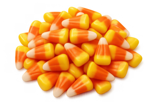 Candy corn pile showing orange, yellow and white colors for halloween celebrations on transparent background