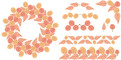 Set of frames and borders with autumn leaves, dividers  and corner for autumn-themed design with leaves of different shapes in delicate shades