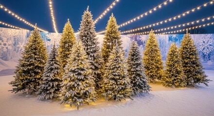 Festive snow-covered evergreen trees illuminated by string lights