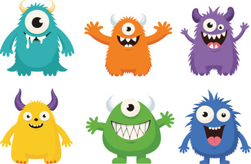 Cute cartoon monsters set with different expressions and colors