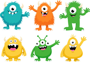 Cute cartoon monsters set with funny expressions and different colors