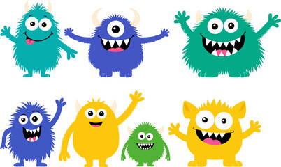 Cute funny cartoon monsters set isolated on white background