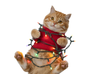 Adorable ginger cat tangled in colorful Christmas lights and a cozy red sweater, bringing festive holiday cheer. Perfect for whimsical pet-themed greetings, winter season promotions, or cute Xmas d