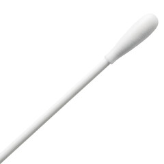 A single white cotton swab with a long white stick on a black background cotton bud