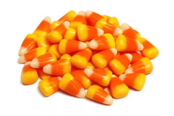 Pile of candy corn candies, traditional halloween sweet treats, confectionary for autumn holidays, transparent background
