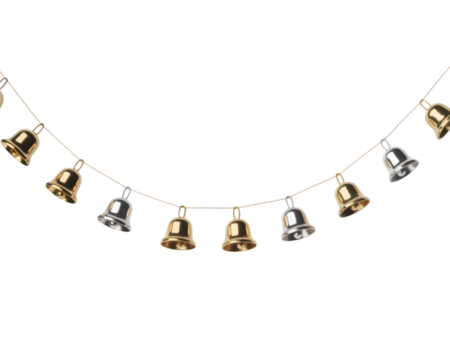 Festive Christmas garland featuring shiny gold and silver jingle bells on a string, ideal for holiday season decorations, seasonal banners, and celebratory backgrounds. Perfect for winter event des